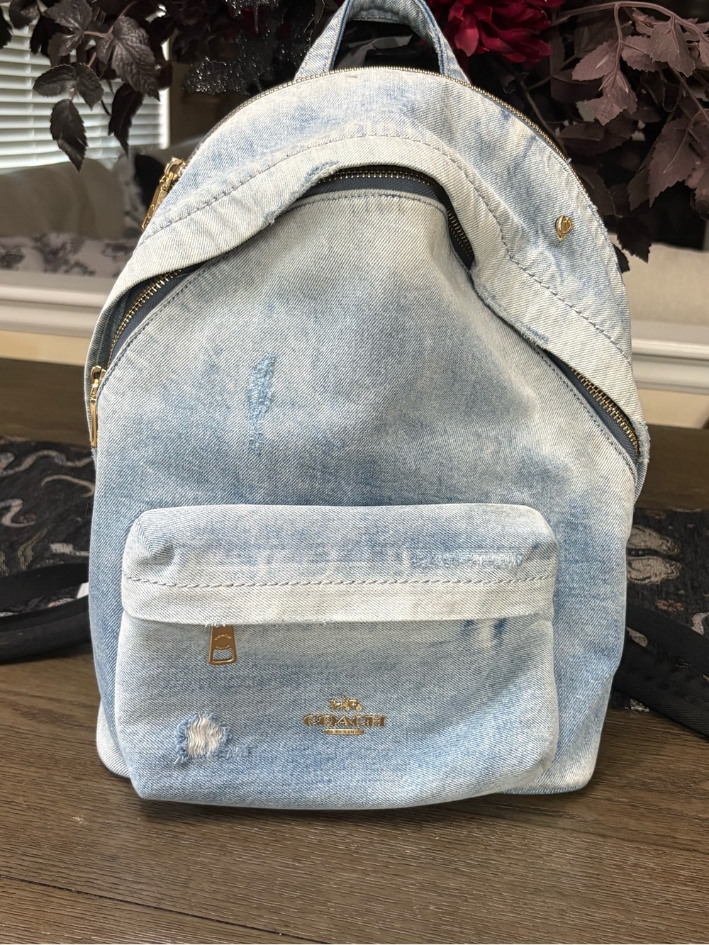 Coach Light Blue Denim Backpack with Gold Hardware